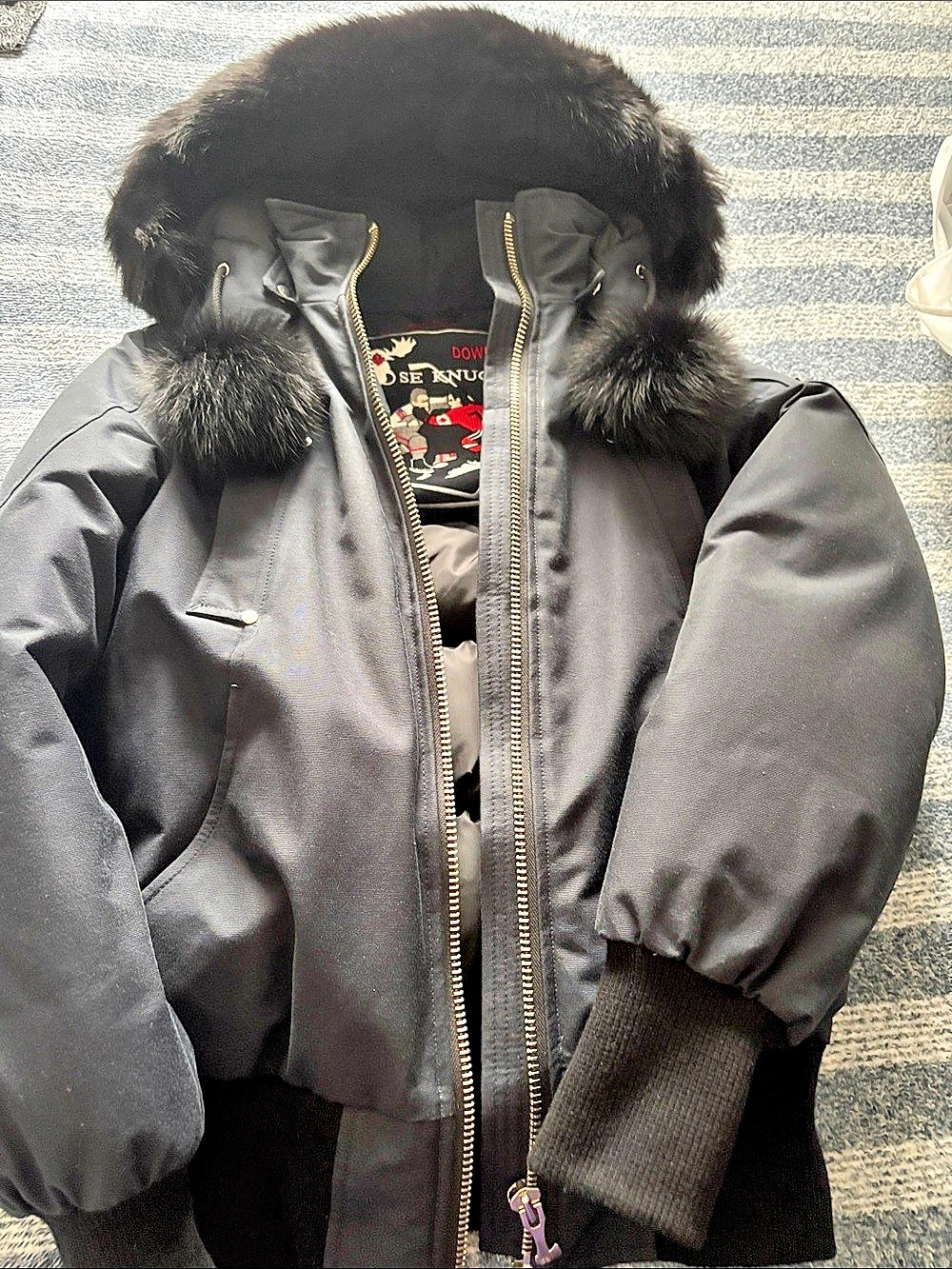 Moose Knuckles Original Ballistic Bomber Black Fur-Trim Puffer Jacket